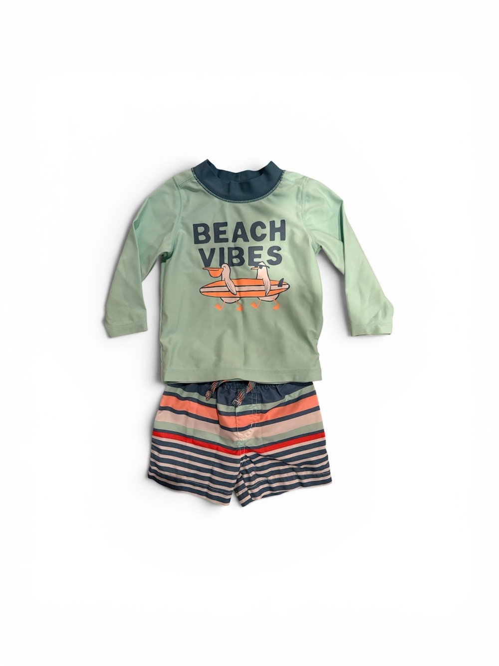Carter's Mint Green 'Beach Vibes' Rash Guard Set with Striped Shorts